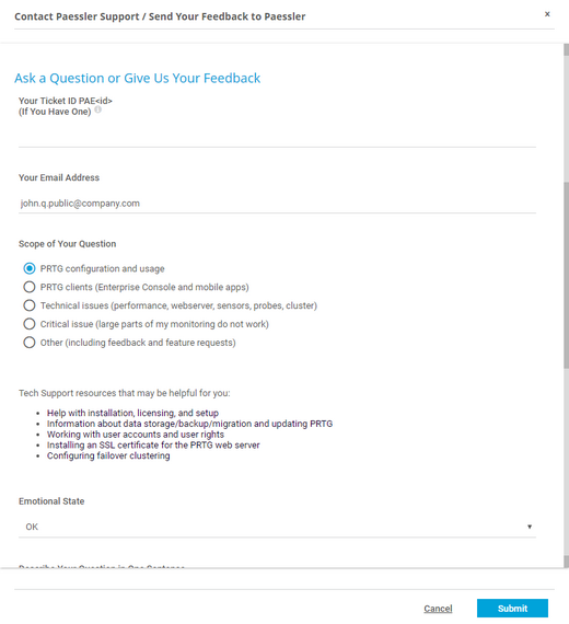 Contact the Paessler Support or Send Feedback