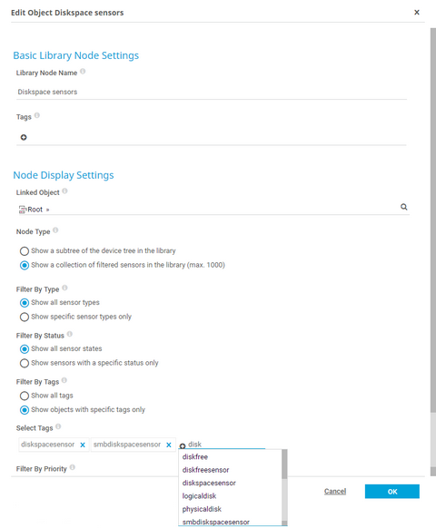 Settings of a Library with Diskspace Sensors