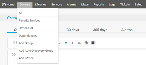PRTG Main Menu: Devices PRTG Main Menu: Devices