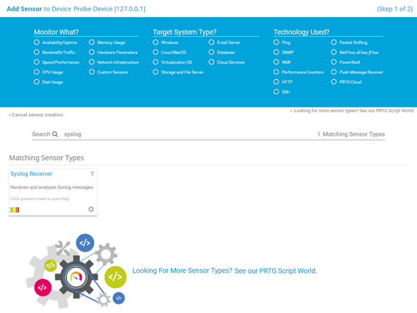 Syslog Receiver Sensor in the Add Sensor Dialog