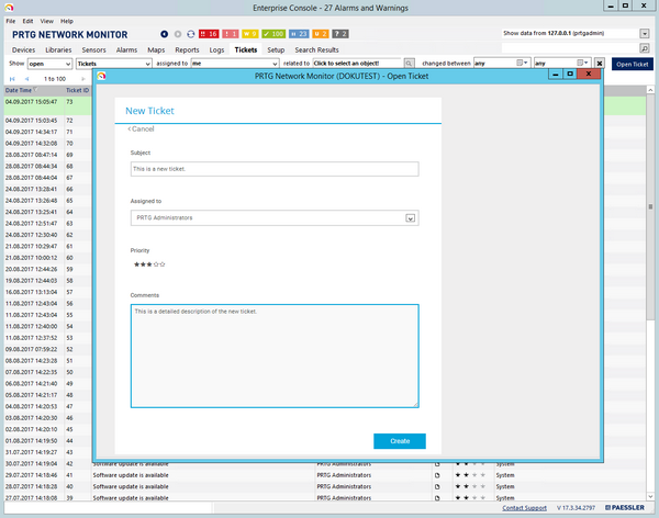 Open Ticket Dialog in PRTG Enterprise Console